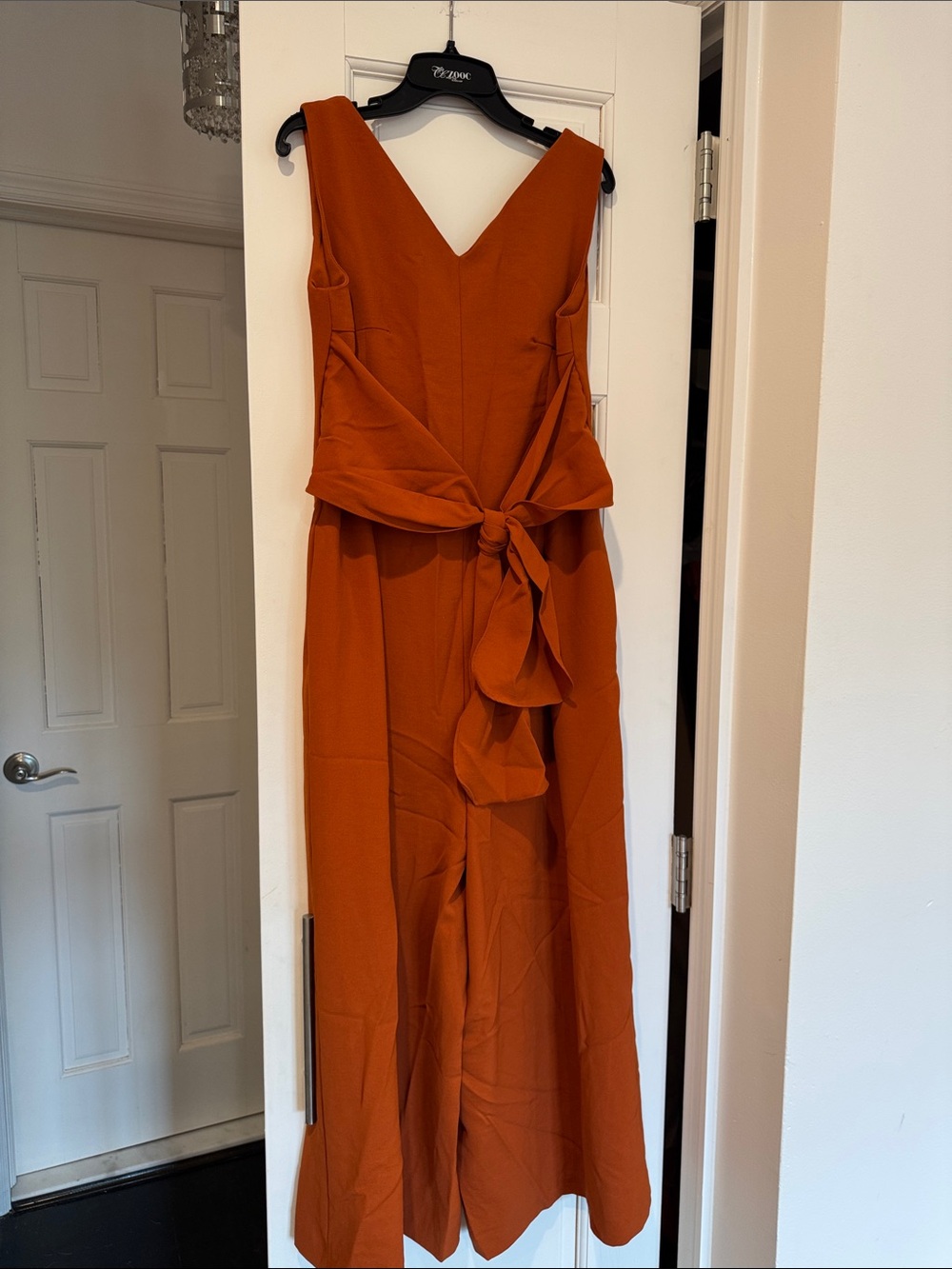 Sleeveless V-Neck Tie-Waist Jumpsuit in Rust